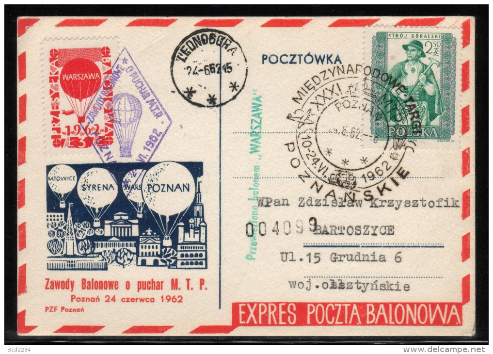 POLAND 1962 (24 JUNE) BALLOON CHAMPIONSHIPS FOR 31ST POZNAN INTERNATIONAL TRADE FAIR WARSZAWA BALLOONS FLOWN CARD - Ballonpost