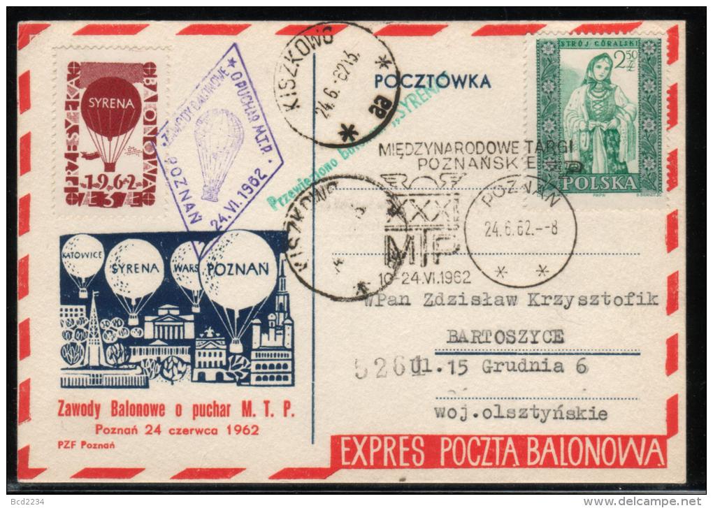 POLAND 1962 (24 JUNE) BALLOON CHAMPIONSHIPS FOR 31ST POZNAN INTERNATIONAL TRADE FAIR SYRENA BALLOONS FLOWN CARD - Palloni