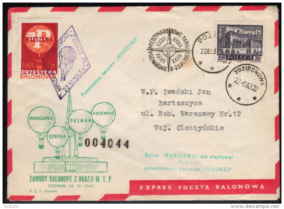 POLAND 1963 (22 JUNE) BALLOONS CHAMPIONSHIPS FOR 32ND POZNAN INTERNATIONAL TRADE FAIR KATOWICE BALLOONS FLOWN COVER - Ballonnen