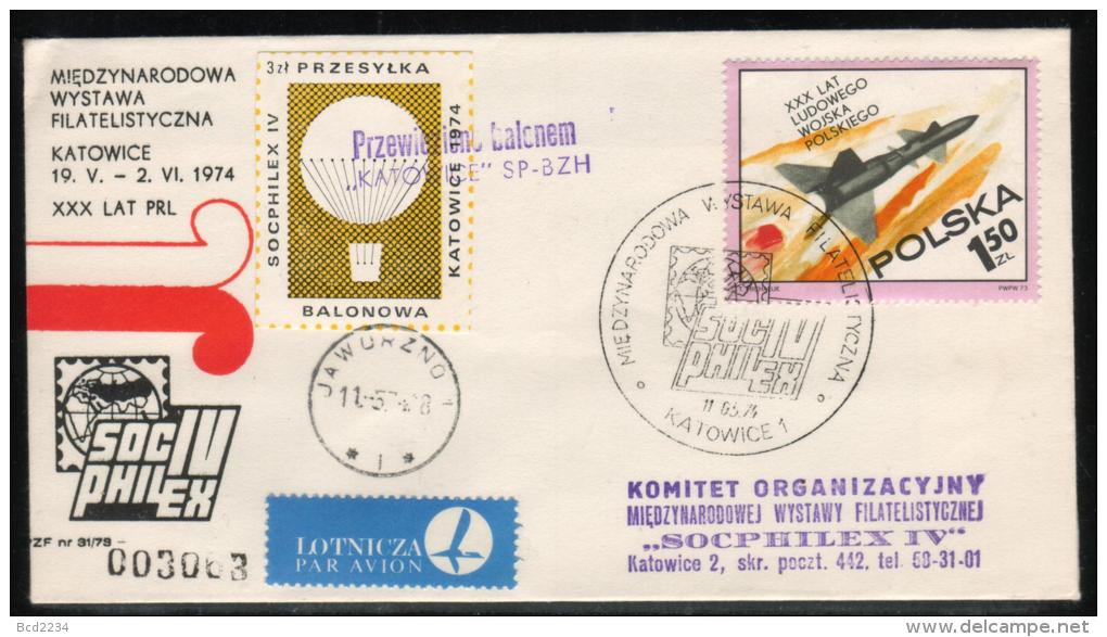 POLAND 1974 RARE INTERNATIONAL SOCPHILEX PHILATELIC EXPO KATOWICE COMM BALLOON FLIGHT COVER  FLOWERS BALLOONS - Ballonnen