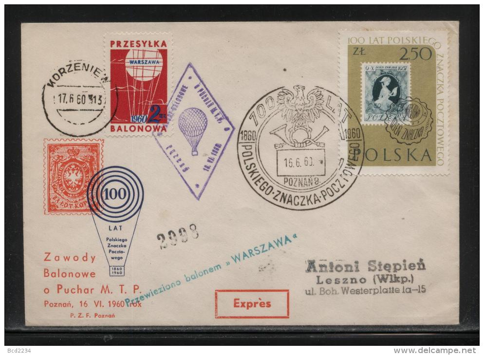 POLAND 1960 100 YEARS POLISH STAMPS ON STAMPS WARSZAWA BALLOON FLOWN COVER BALLOONS EAGLE POSTHORN - Balloons