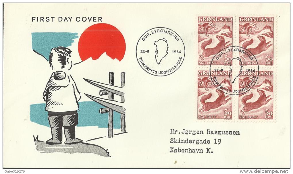 GREENLAND  1966– FDC  SAGES & LEGENDS SERIES MAILED TO COPENHAGEN W 1 BLOCK OF 4 STS OF 50 O  POSTM. SDR STROMFJORD SEP - Autres & Non Classés