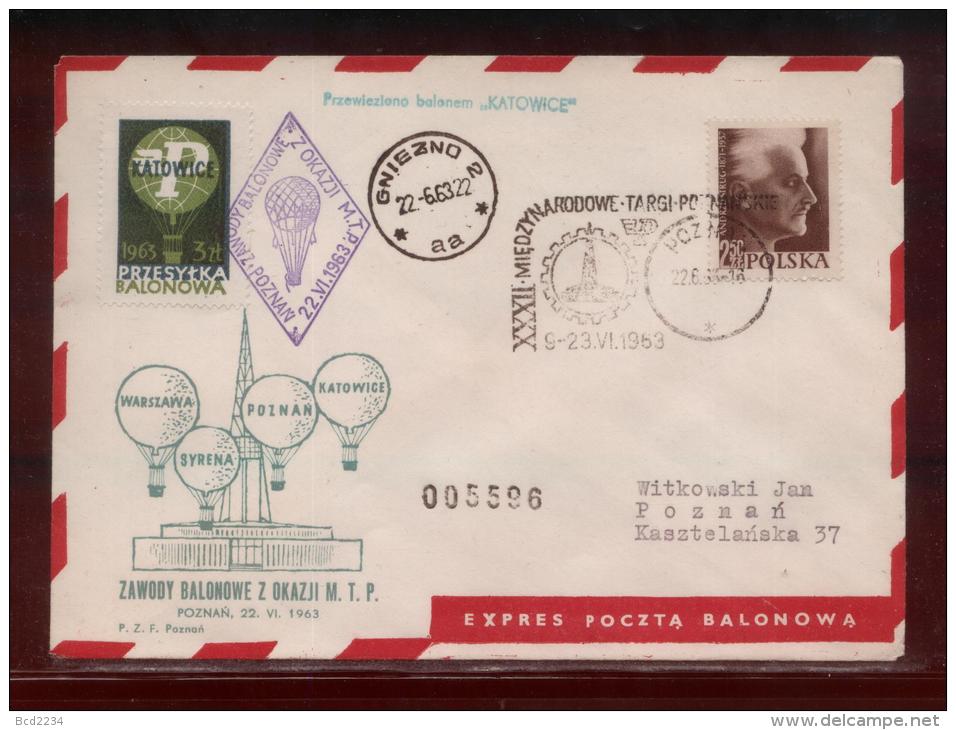 POLAND 1963 (22 JUNE) BALLOONS CHAMPIONSHIPS FOR 32ND POZNAN INTERNATIONAL TRADE FAIR KATOWICE BALLOONS FLOWN COVER - Ballons