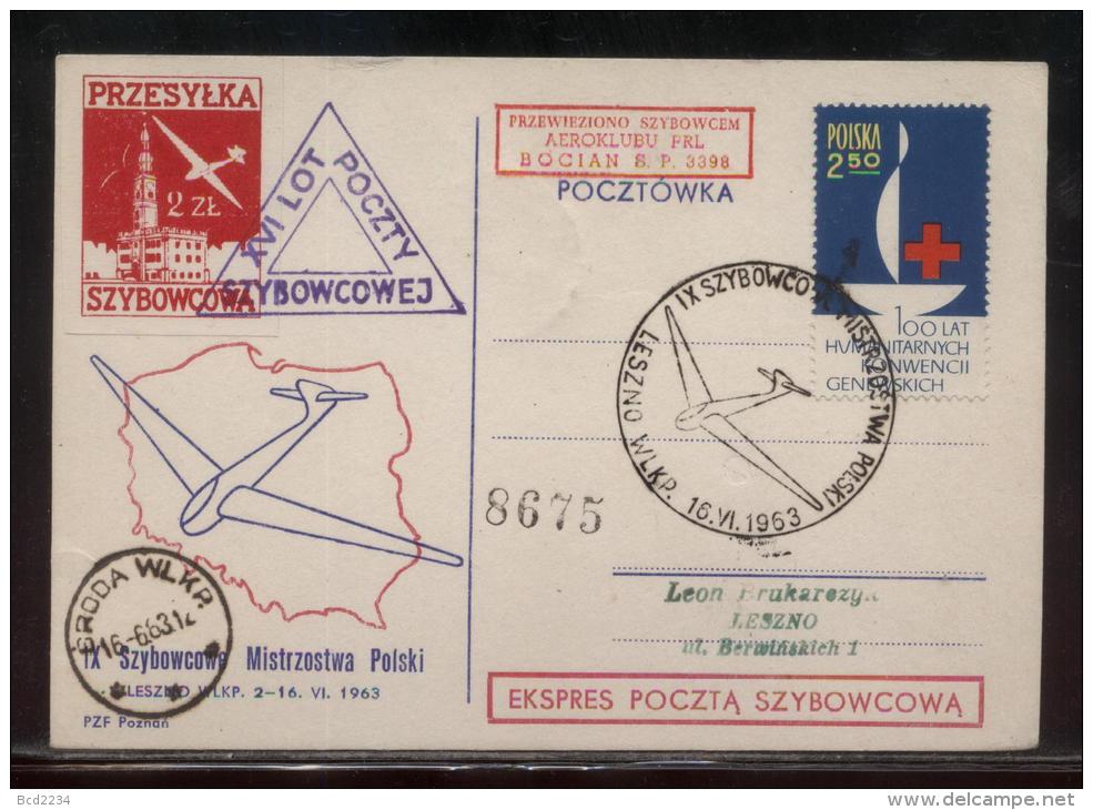 POLAND 1963 LESZNO 9TH GLIDER FLIGHT CHAMPIONSHIPS MAIL ON SOUVENIR CARD - BOCIAN BP3988 GLIDING Planes Maps Red Cross - Zweefvliegers