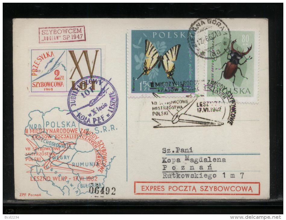 POLAND 1962 LESZNO 10TH ANNIV PHILATELIC FEDERATION GLIDER FLIGHT CARD - EXPRESS CARD GLIDING - Zweefvliegers