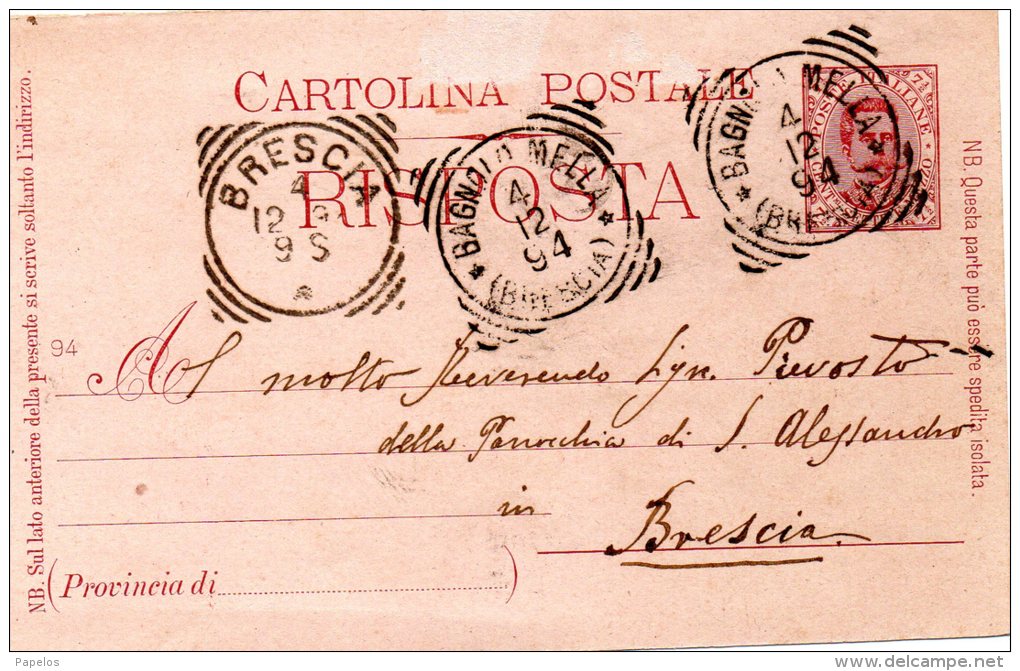1894  CARTOLINA CON ANNULLO BAGNOLO MELLA BRESCIA - Colis-postaux