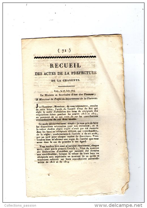 RECUEIL DES ACTES DE LA PREFECTURE DE LA CHARENTE ,  1814 , 7 Pages ,  Frais Fr : 1.60€ - Décrets & Lois