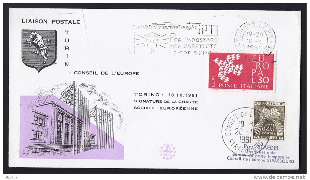 SIGNATURE JOUR DE L´ADOPTION DE LA CHARTE SOCIALE EUROPEENNE 18.10.1961 TURIN TORINO ITALIE ITALIA - 1961-70: Storia Postale