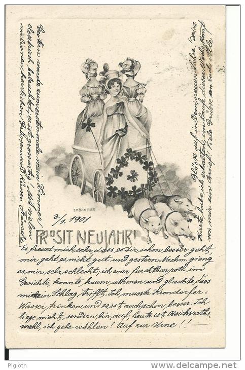 AUG162 - CARTOLINA BUON ANNO - MAIALINI QUADRIFOGLIO - FORMATO PICCOLO  - VIAGGIATA AUSTRIA - 1901 - New Year