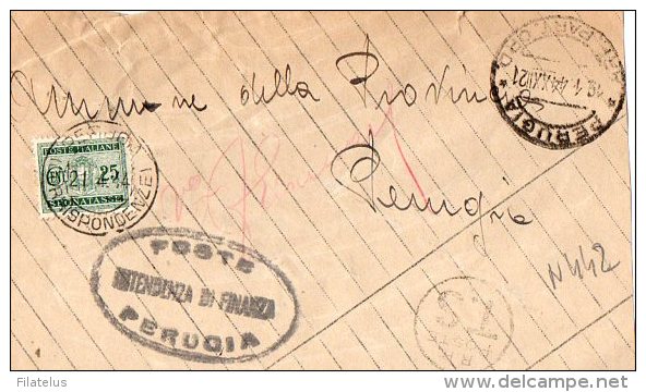 GROSSO FRAMMENTO  DI BUSTA POSTALE CON ANNULLO T.S-E ANNULLO DI PERUGIA-19-1-1944-SEGNATA SSE CENT.25 - Segnatasse