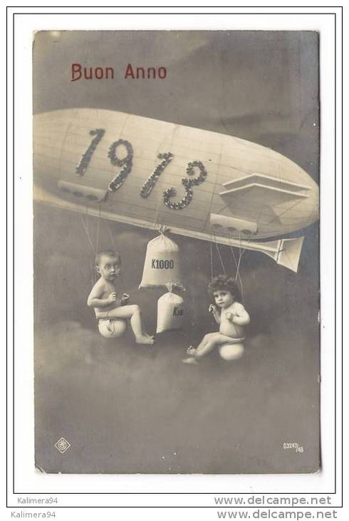 Bébés Nus Sur Leur Pot De Chambre, Suspendus Au Dirigeable " 1913 , BUON ANNO " /  Cachet Italien De NOVARA - Dirigibili