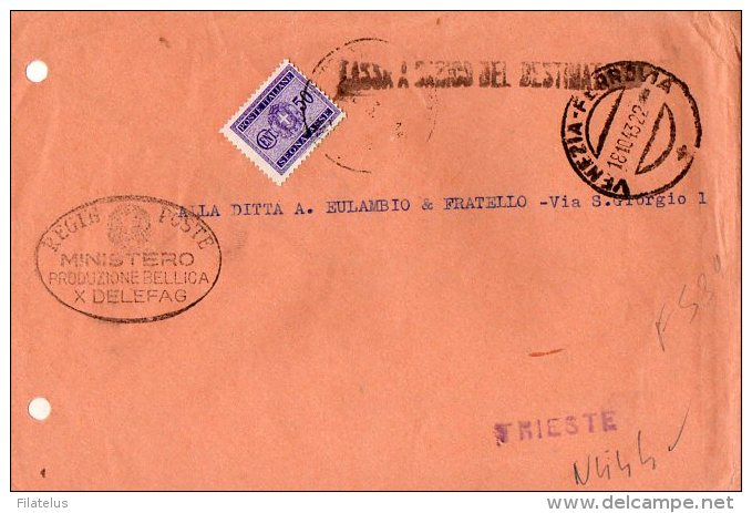 BUSTA  POSTALE COMMERCIALE  -REGIE POSTE-MINISTERO PRODUZIONE BELLICA X DELEFAG-SEGNATASSE CENT.50-18-10-1943 - Portomarken