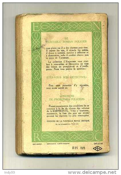 - LE MYSTERE DE LA RAPIERE . E. QUEEN . COLLECTION L'EMPREINTE 1938 . - Presses De La Cité