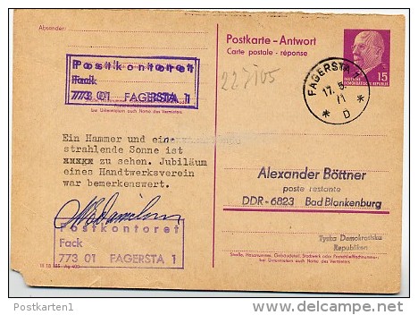 DDR P74 A Antwort-Postkarte FAGERSTA Schweden 1971 - Sonstige & Ohne Zuordnung