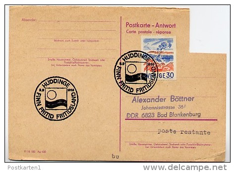 DDR P74 A Antwort-Postkarte WST. NICHT ANERKANNT Sost. FREIZEITLAND HUDDINGE Schweden 1968 - Cartoline - Usati