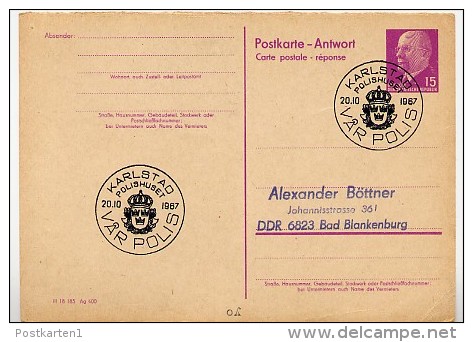 POLIZEI KARLSTAD Schweden 1967 Auf  DDR P74 A Antwort-Postkarte - Politie En Rijkswacht