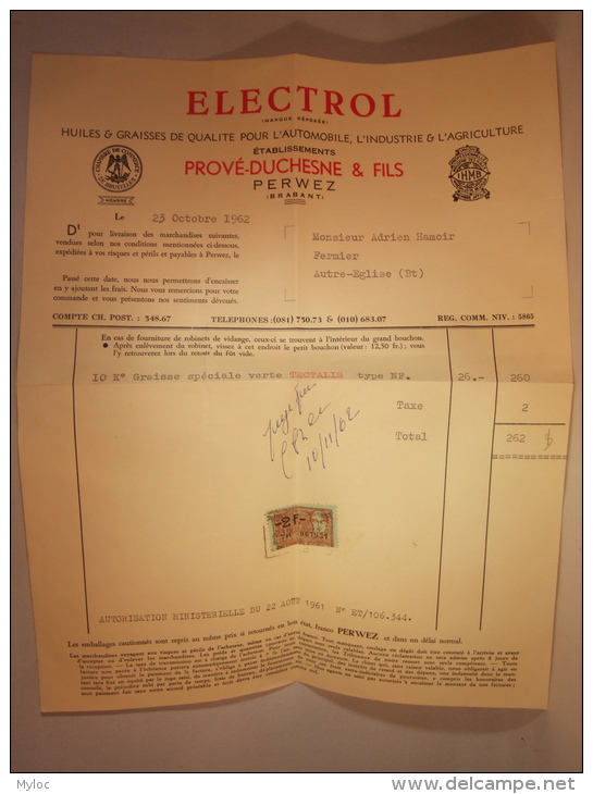 Facture. Electrol. Perwez. Ets.Prové-Duchesne. Huiles Pr.Automobile,Agriculture ,Industrie. 1962. - 1950 - ...