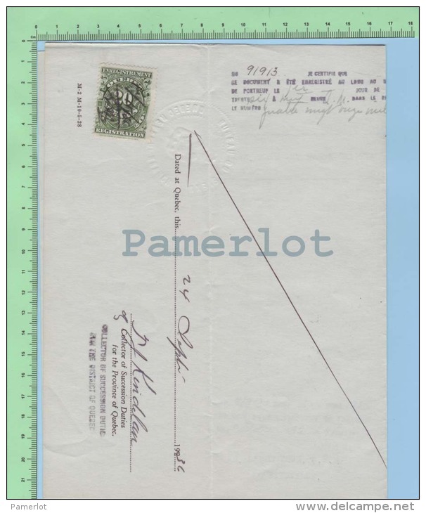 Document Fiscaux 1 X QR-19 Sur Document Vente ( 1 Feuille 8.5 / 14  1936 ) Timbre Taxe Quebec Canada - Fiscale Zegels