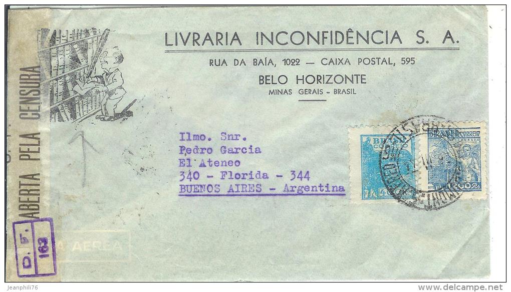 De Belo Horizonte Pour Buenos Aires Bande Et Cachets De Censure Du District Fédéral (bresil) "D.F.163" &D.F. 10 Mar 44" - Lettres & Documents