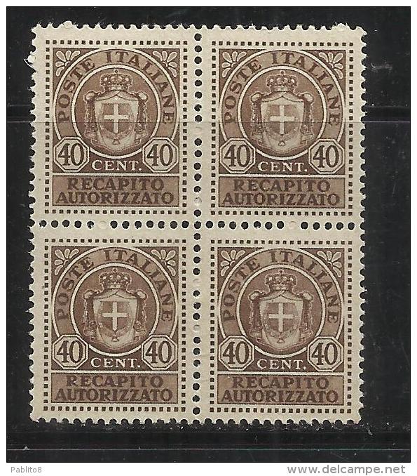 ITALY KINGDOM ITALIA REGNO LUOGOTENENZA 1945 RECAPITO AUTORIZZATO CENTESIMI 40 MNH QUARTINA BLOCK - Autorisierter Privatdienst