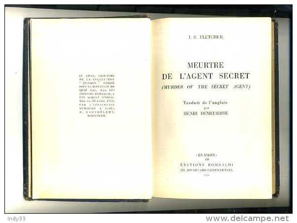 - MEURTRE DE L'AGENT SECRET . J.S. FLETCHER . EVASION 3 . ROMNBALDI 1946 . - Antiguos (Antes De 1960)