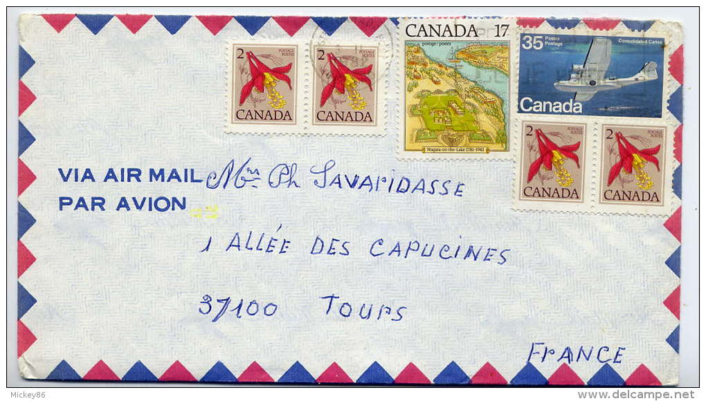 1982-Lettre Du Canada(Québec) Pour La France(Tours)--timbres Fleur,avion,lac Niagara)-marque Jaune Phosphorescente 21 U - Covers & Documents