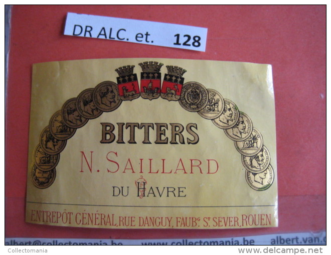 1  XIX Ième Etiquette PARAFINE TRES JAUNE  - BITTERS - N. SAILLARD DU HAVRE - DEPOT à ROUEN RUE DANGUY - Alcools & Spiritueux