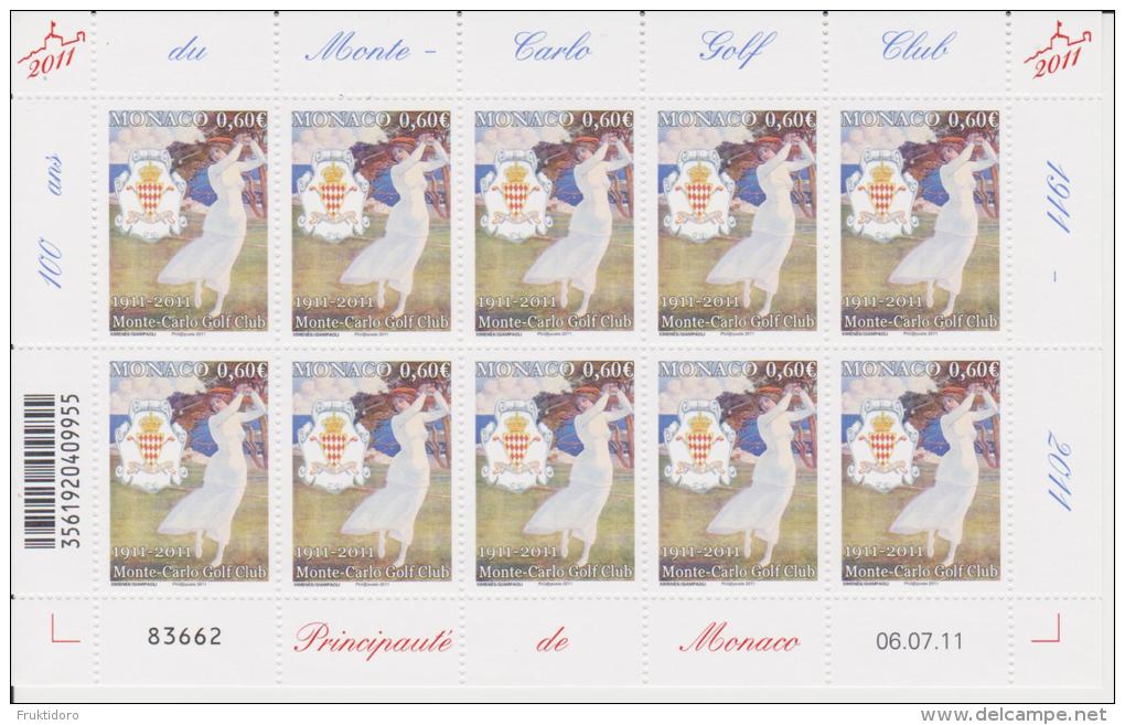 Monaco Mi 3049 Centenary Of The Monte-Carlo Golf Club - Full Sheet * * 2011 - Unused Stamps