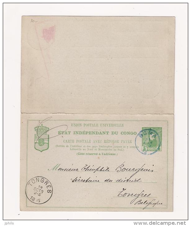 ETAT INDEPENDANT DU CONGO RARE CARTE POSTALE AVEC REPONSE PAYEE BOMA 1895 Arrivée TONGRES - 1884-1894