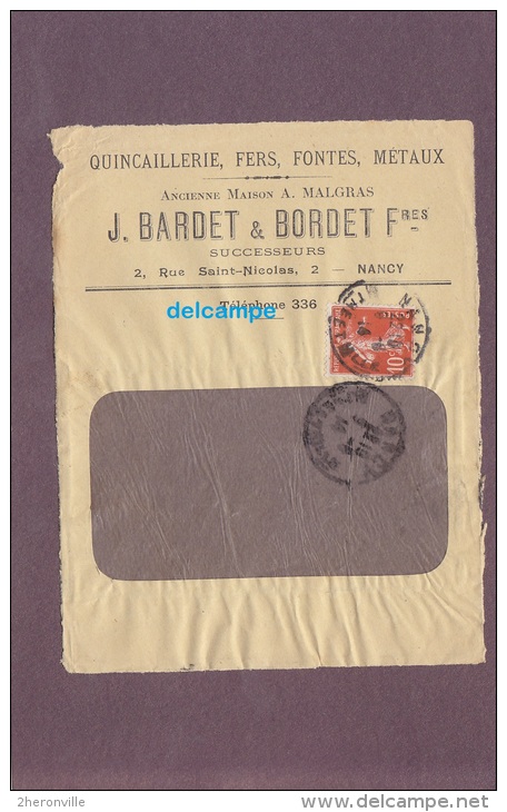 - 1915 - Cachet Postal De NANCY - Maison BARDET & BORDET - 2 Rue Saint Nicolas - Quincaillerie Fers Fontes - 1877-1920: Période Semi Moderne