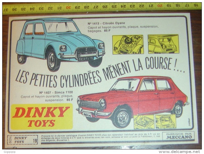 PUB PUBLICITE DINKY TOYS CITROEN DYANE ET SIMCA 1100 PUBLIART - Collezioni