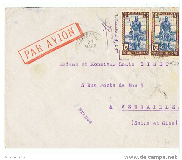 LETTRE  Départ DAKAR AVION Pour  VERSAILLES   FRANCE  1934 - Soedan (1954-...)