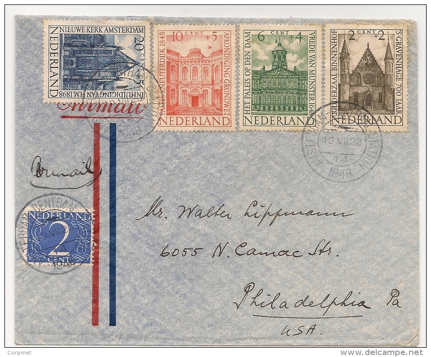 NETHERLANDS - 1948 COVER Complete Surtax Set Yvert # 491/4 + 458 From AMSTERDAM To PHILADELPHIA - Lettres & Documents