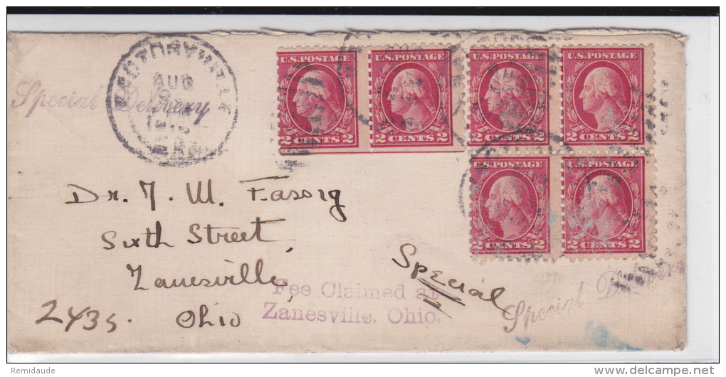 USA -  1916 - ENVELOPPE "SPECIAL DELIVERY" Avec "TAXE PERCUE à ZANESVILLE (OHIO) - FEE CLAIMED" - Poststempel