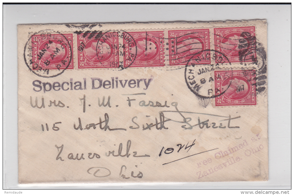 USA -  1917 - ENVELOPPE "SPECIAL DELIVERY" Avec "TAXE PERCUE à ZANESVILLE (OHIO) - FEE CLAIMED" De MECHANICSBURG - Poststempel