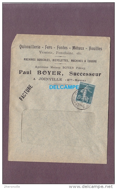 - 1912 - Cachet Postal De JOINVILLE ( Haute Marne ) - Quincaillerie Paul BOYER Successeur - Machines Agricoles, Verrerie - 1877-1920: Période Semi Moderne