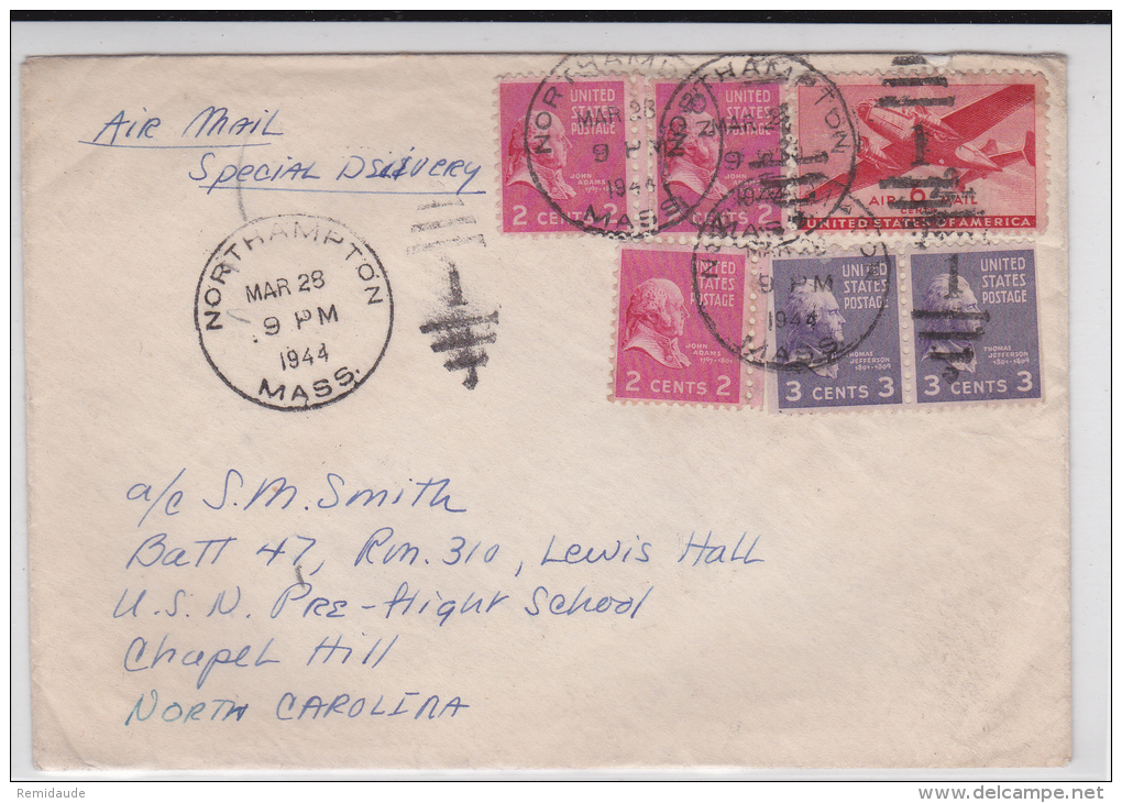 USA -  1944 - ENVELOPPE AIRMAIL "SPECIAL DELIVERY" Avec "TAXE PERCUE - FEE CLAIMED" De NORTHAMPTON (MASS.) - Postal History