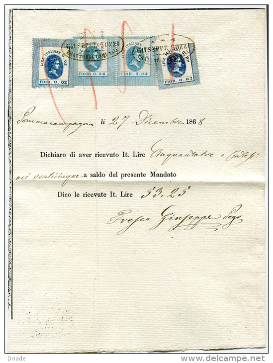 MARCHE DA BOLLO ITALIANE DI TRANSIZIONE SU DOCUMENTO FIORINI 0.02 0.03 0.04 REGNO VITTORIO EMANUELE II FISCALI ANNO 1868 - Revenue Stamps