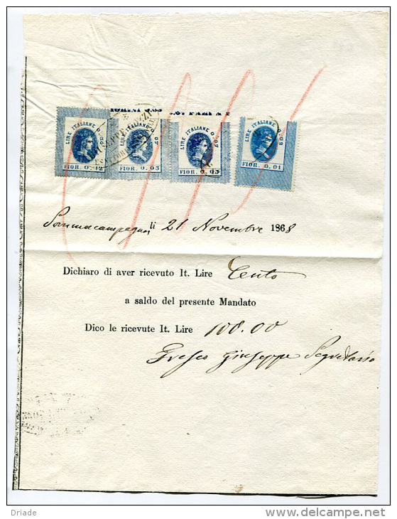 MARCHE DA BOLLO ITALIANE DI TRANSIZIONE SU DOCUMENTO FIORINI 0.012 0.01 0.03 REGNO VITTORIO EMANUELE II FISCALI 1868 - Steuermarken