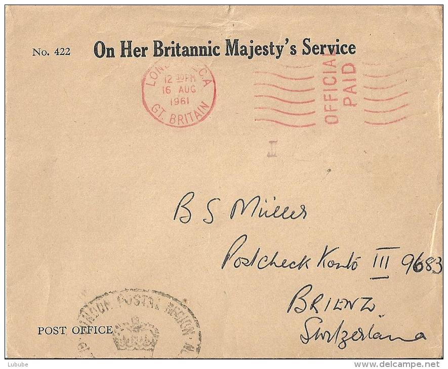 Brief  "On Her Britannic Majesty's Service"  London Postal Region - Brienz          1961 - Officials