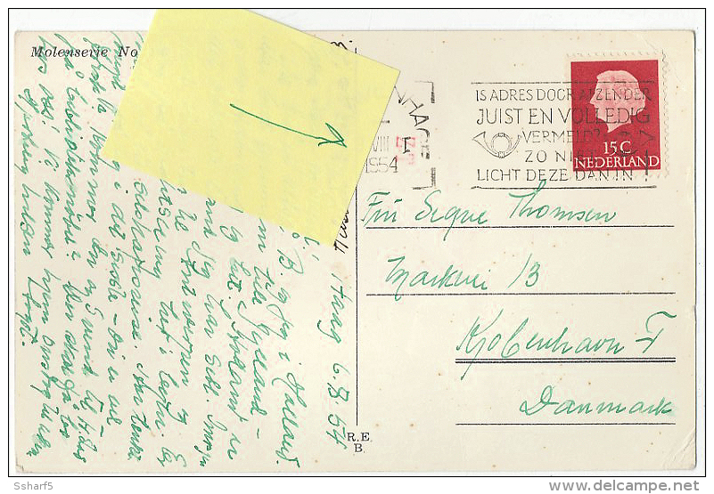 Holland / Transorma / Machine Sorting 1954 ZT In Red On Postard S GRAVENHAGE To DENMARK 9 August 1954 - Poststempels/ Marcofilie