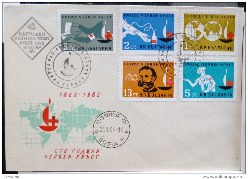 Enveloppe FDC  + 5x Timbre Bulgarie Sofia Centenaire Croix Rouge 1863 - 1963 Emission 1er Jour 27-01-1964 - FDC