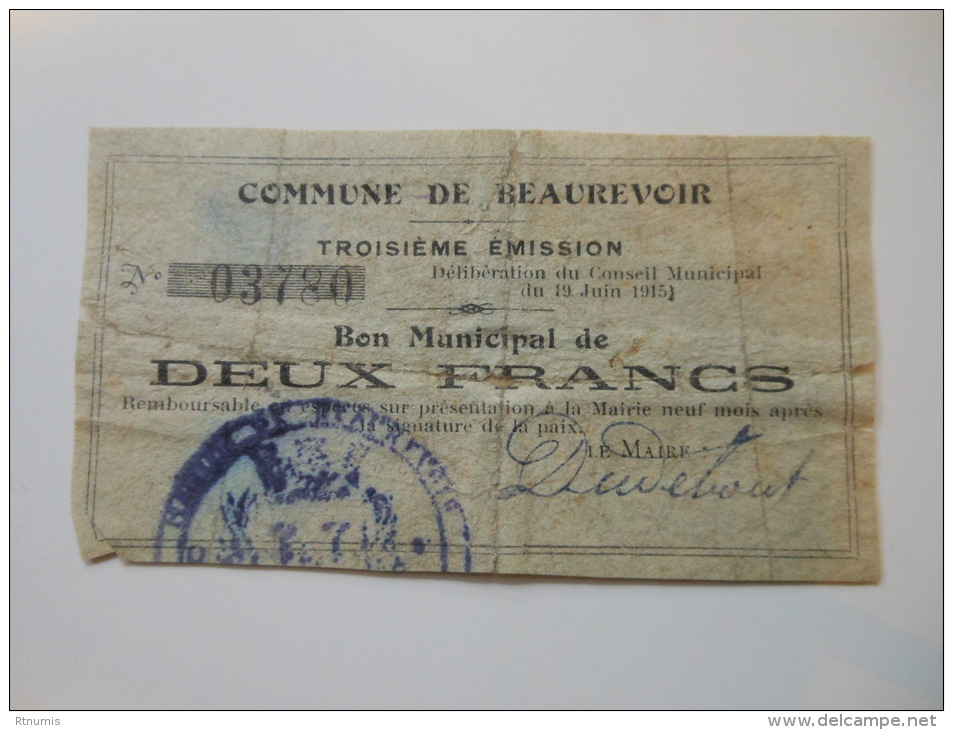 Aisne 02 Beaurevoir , 1ère Guerre Mondiale 2 Francs 19-6-1915 - Bons & Nécessité