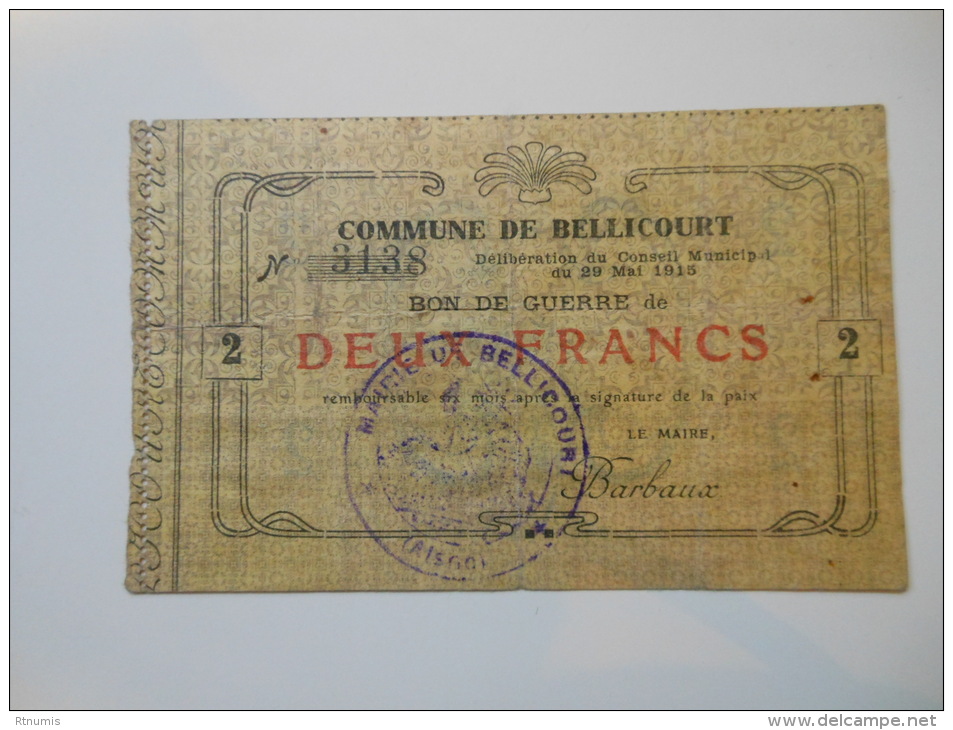 Aisne 02 Bellicourt , 1ère Guerre Mondiale 2 Francs 29-5-1915 - Bons & Nécessité