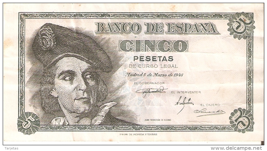 BILLETE DE ESPAÑA DE 5 PTAS DEL 1948 SERIE K CALIDAD BC+ (BANKNOTE) - 5 Pesetas