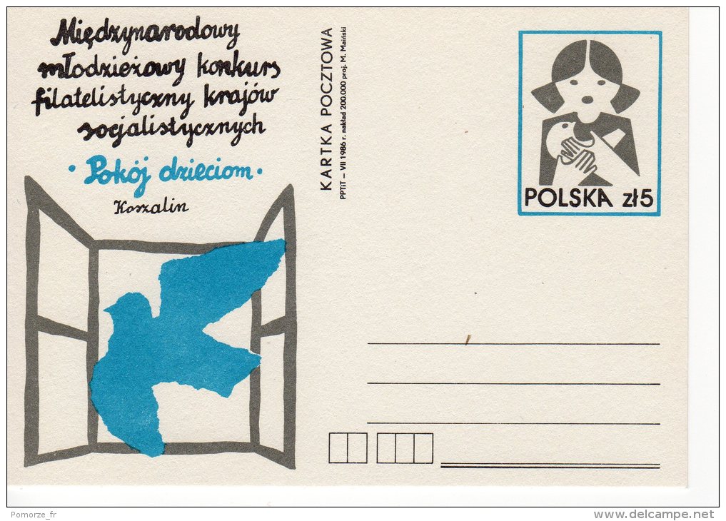 Pologne 1986 Entier  Fi. 934 Expo Philatélique De La Jeunesse Des Pays Socialistes Paix Pour Les Enfants Colombe - Stamped Stationery