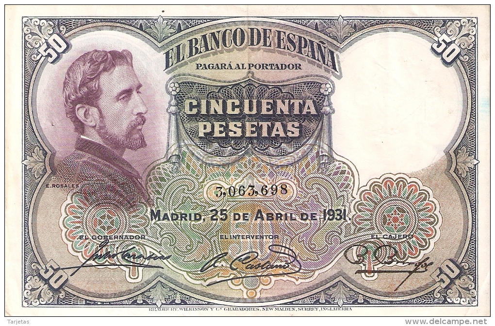 BILLETE DE 50 PTAS DE 1931 E. ROSALES SIN SERIE CALIDAD MBC   (BANKNOTE) - 50 Pesetas