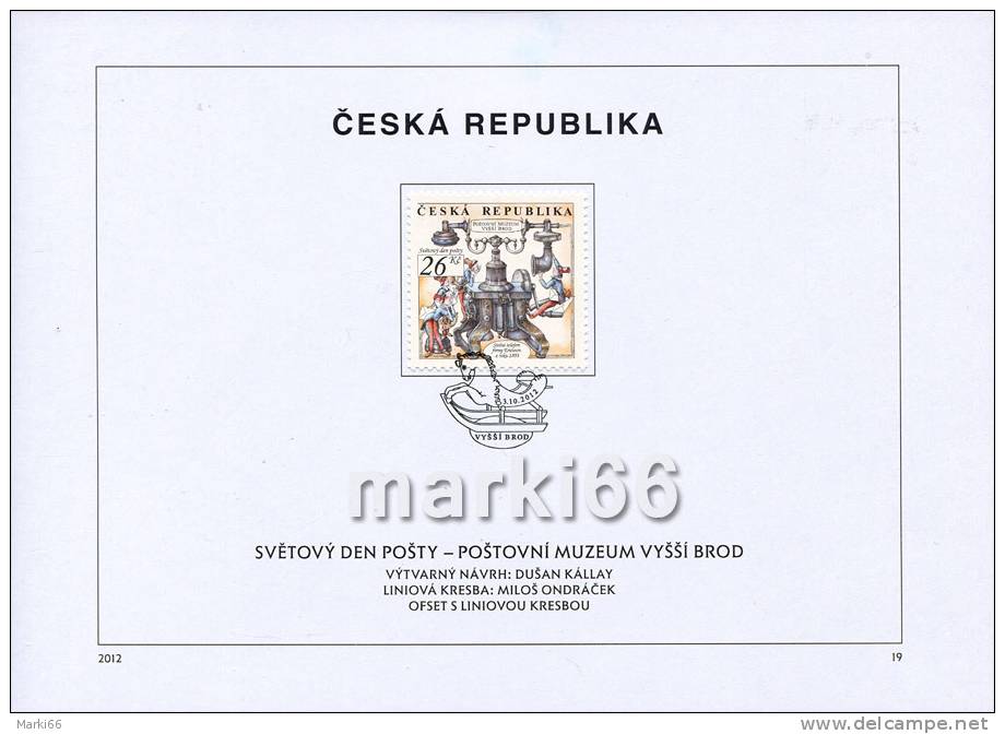 Czech Republic - 2012 - World Post Day - Postal Museum In Vysshi Brod - FDS (first Day Sheet) - Cartas & Documentos