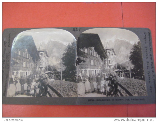 2 Cartes Stereo KEINE POSTKARTEN Bern,  Grindelwald Le Marché + 1 Chromo SUISSE Pub.PHOTOGRAPHER Hirsbrunner Luzern - Cartes Stéréoscopiques