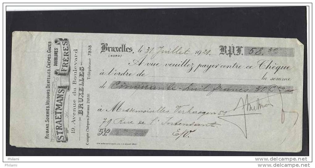 BELGIQUE, CHEQUE DE STRAETMANS FRERES, BRUXELLES 31.07.1921. ( JNF98) - Autres & Non Classés